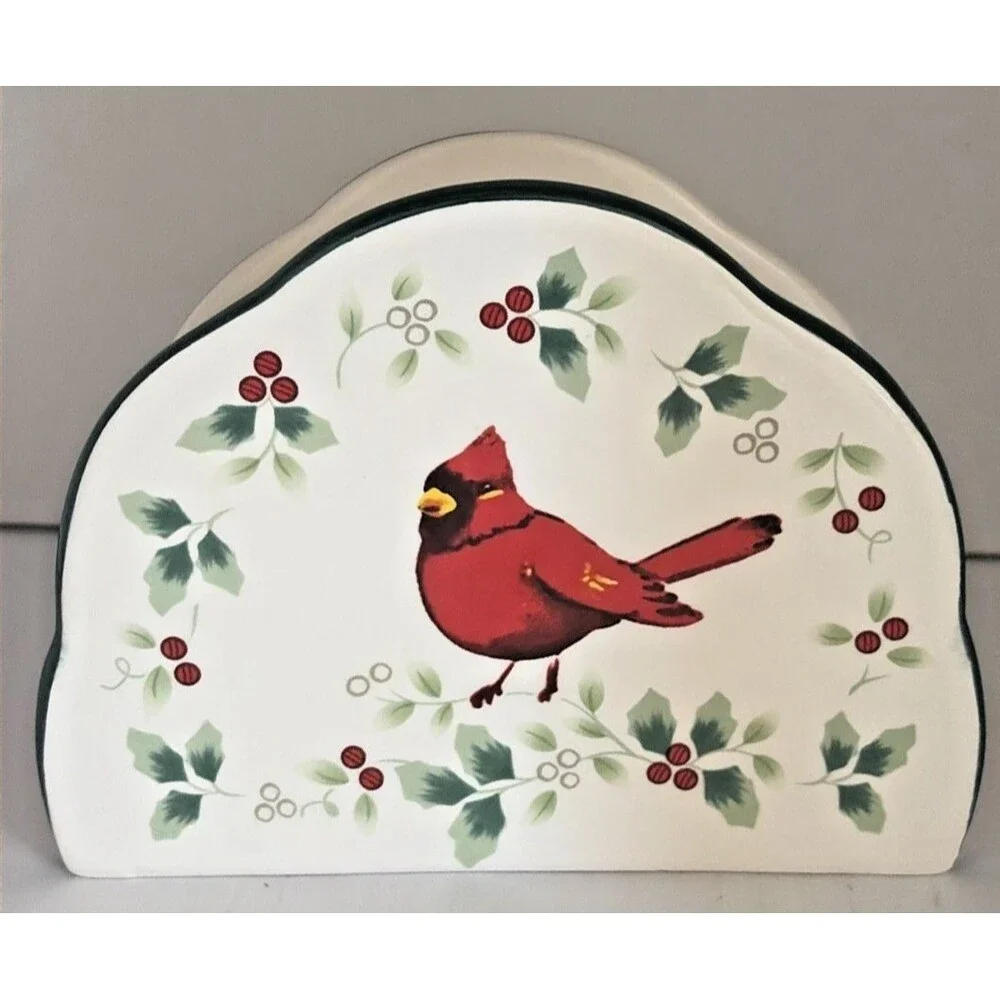 Pfaltzgraff Winterberry Cardinal Napkin Holder Stoneware 5 1/2